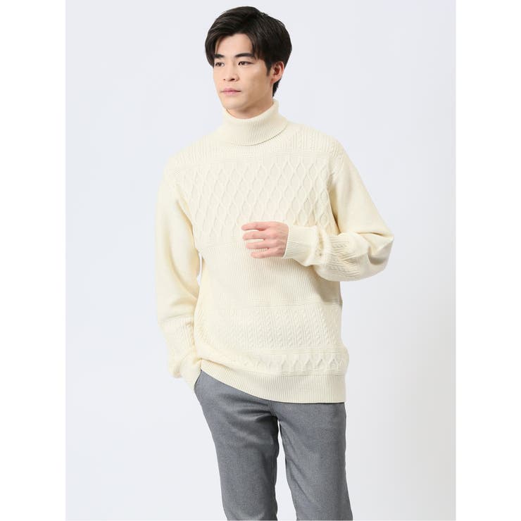 【10％OFFクーポン！11/27(木)1:59まで】TAKA-Q MEN ふわもち パネルボーダー タートルネックニット トップス