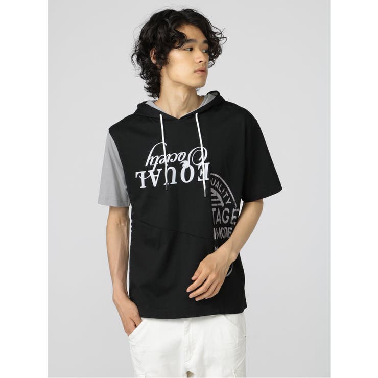 TAKA-Q MEN 切替カレッジ 半袖ルーズTパーカー トップス