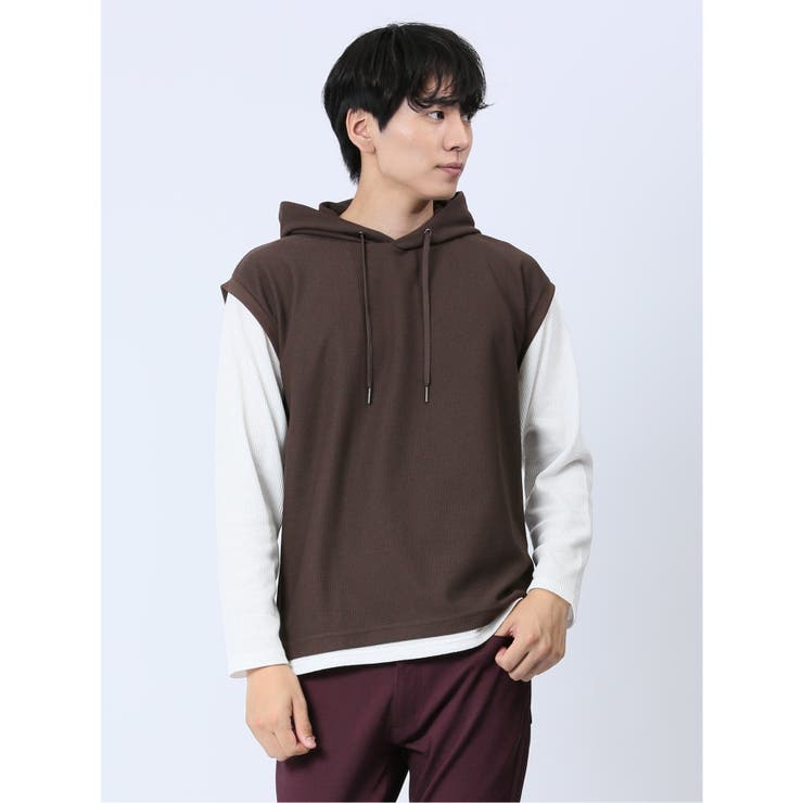 TAKA-Q MEN さまになる フェイクレイヤード 長袖プルパーカー トップス