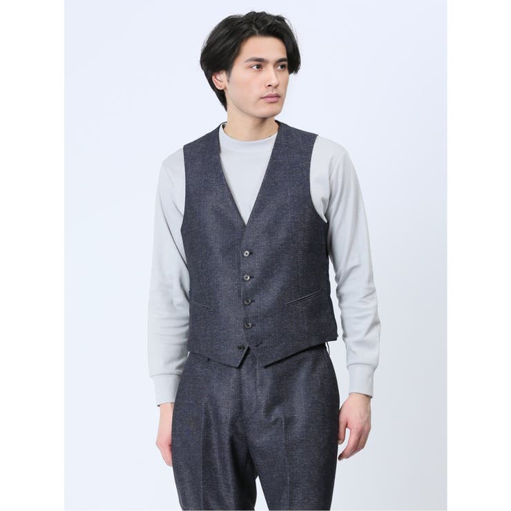 【10%OFFクーポン!11/27(木)1:59まで】TAKA-Q MEN TechLinen スリムフィット ジレベスト チェック紺(セットアップ可能) トッ...