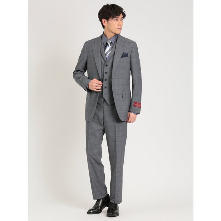 【10%OFFクーポン!11/27(木)1:59まで】TAKA-Q MEN シルク混ウール レギュラーフィット 2ボタン3ピーススーツ チェックグレー スーツ
