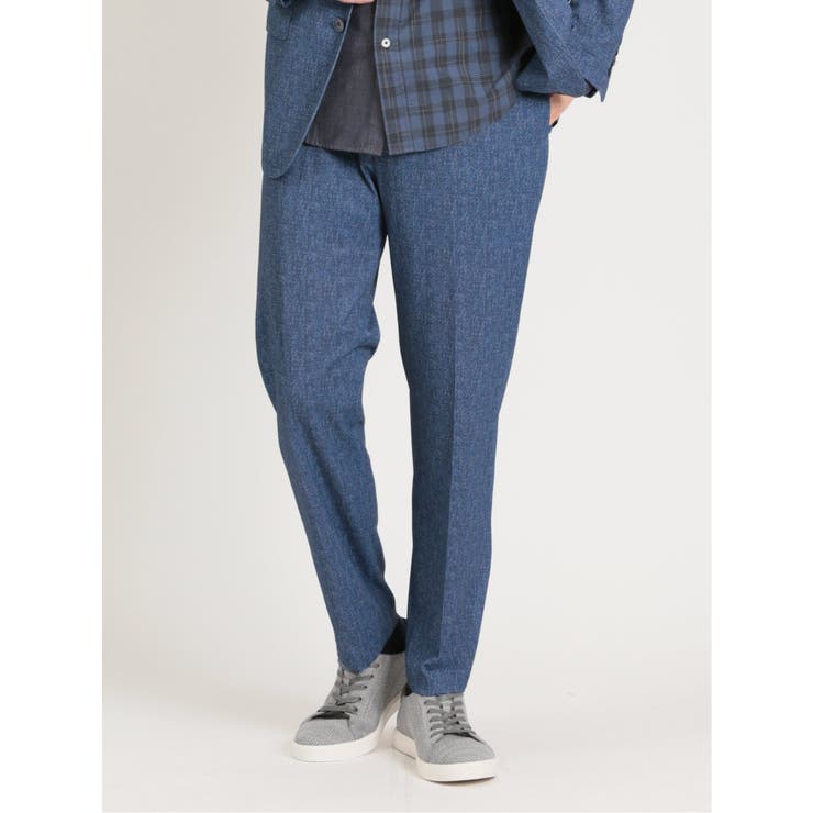 【10%OFFクーポン!11/27(木)1:59まで】TAKA-Q MEN TechDenim スリムフィット ノータックパンツ 青(セットアップ可能) スーツ