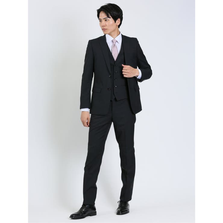 【10%OFFクーポン!11/27(木)1:59まで】TAKA-Q MEN 超光沢ストレッチ スリムフィット 2ボタン3ピーススーツ ジオメトリック紺 スーツ