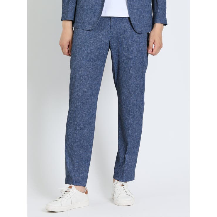 【10%OFFクーポン!11/27(木)1:59まで】TAKA-Q MEN TechDenim スリムフィット ノータックパンツ 青(セットアップ可能) スーツ