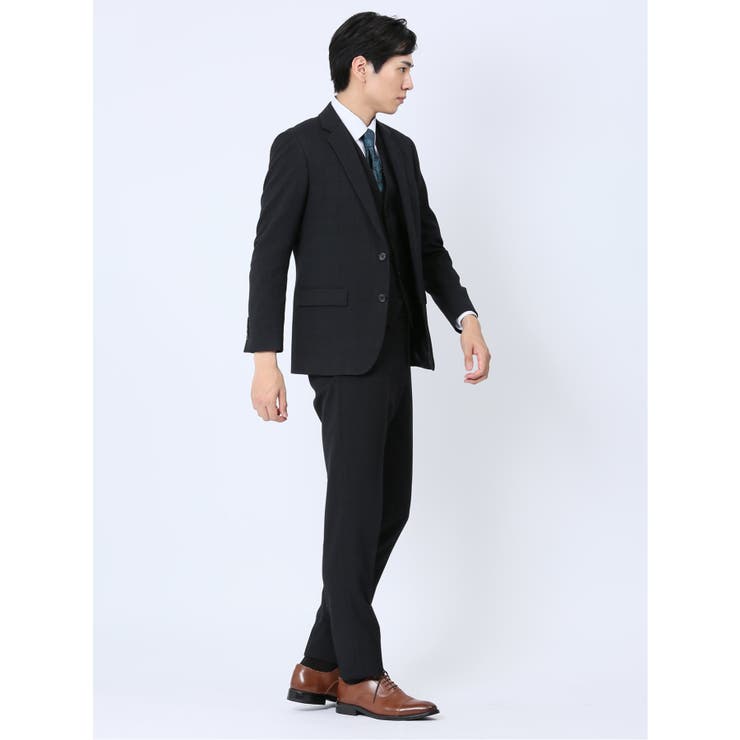 TAKA-Q MEN Woolen Tec On スリムフィット 2ボタン3ピーススーツ チェック紺 スーツ