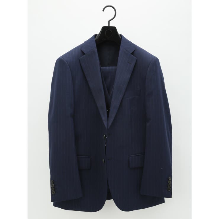 【10%OFFクーポン!11/27(木)1:59まで】TAKA-Q MEN ライザップ/RIZAP スリムフィット 2ボタン3ピーススーツ ストライプ紺 スーツ