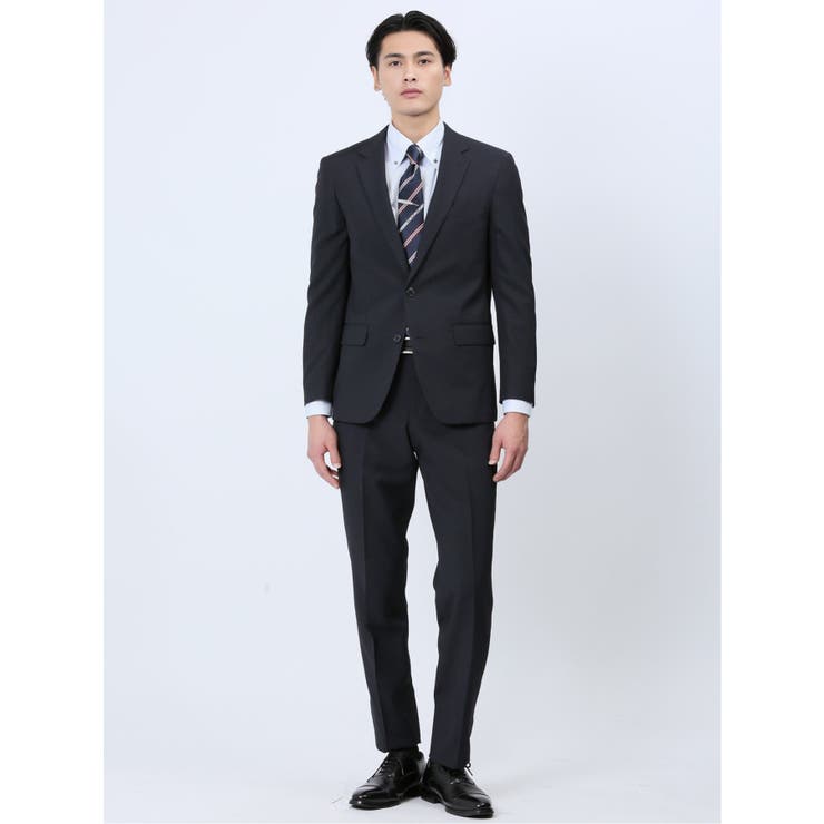 【10%OFFクーポン!11/27(木)1:59まで】TAKA-Q MEN ストレッチウォッシャブル スリムフィット 2ボタン2ピーススーツ チェック紺 スーツ