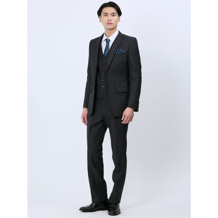 【10%OFFクーポン!11/27(木)1:59まで】TAKA-Q MEN 超光沢ストレッチ スリムフィット 2ボタン3ピーススーツ 杢グレー スーツ