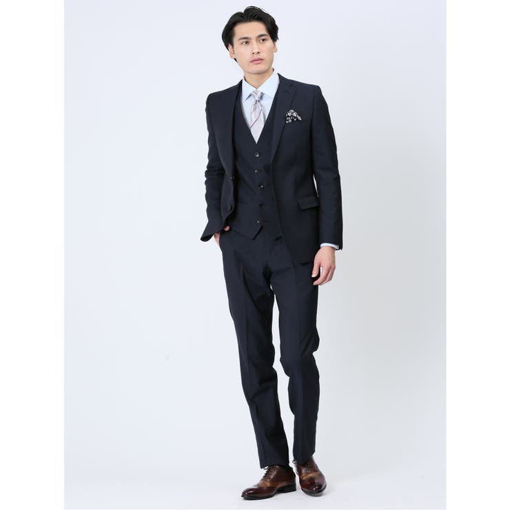 【10%OFFクーポン!11/27(木)1:59まで】TAKA-Q MEN 超光沢ストレッチ スリムフィット 2ボタン3ピーススーツ シャドーストライプ紺 スー...