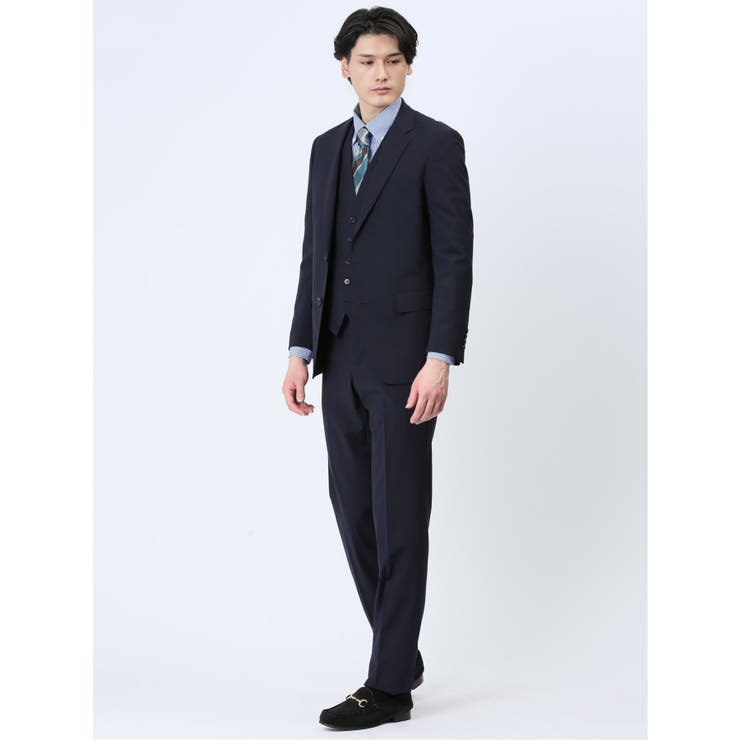 【10%OFFクーポン!11/27(木)1:59まで】TAKA-Q MEN 光沢ウール混 スリムフィット 2ボタン3ピーススーツ チェック紺 スーツ
