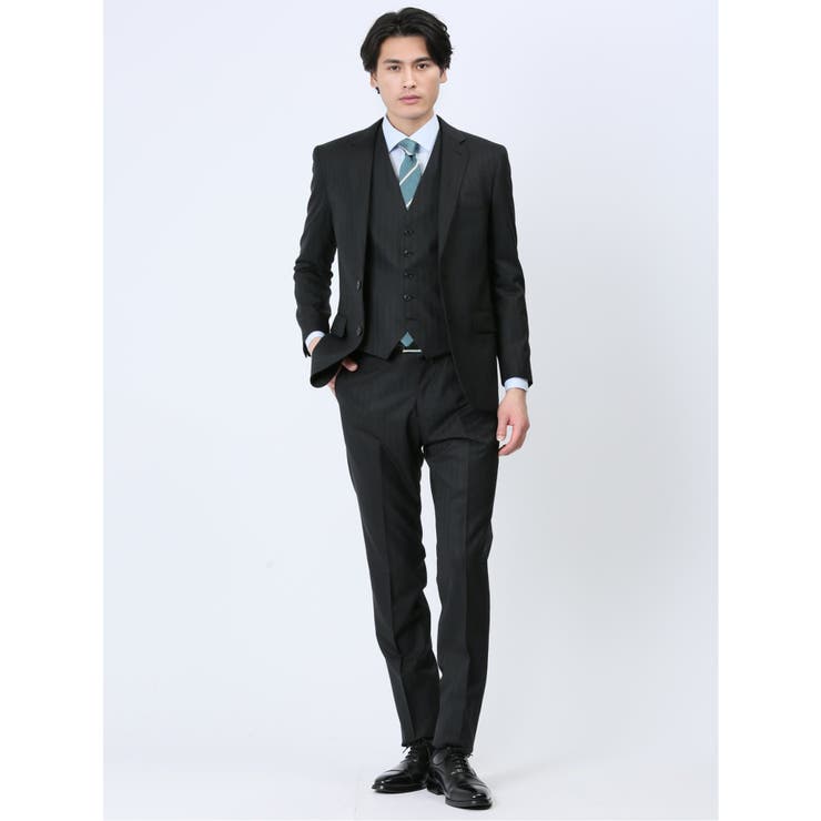 【10%OFFクーポン!11/27(木)1:59まで】TAKA-Q MEN 光沢ウール混 スリムフィット 2ボタン3ピーススーツ シャドーストライプ黒 スーツ