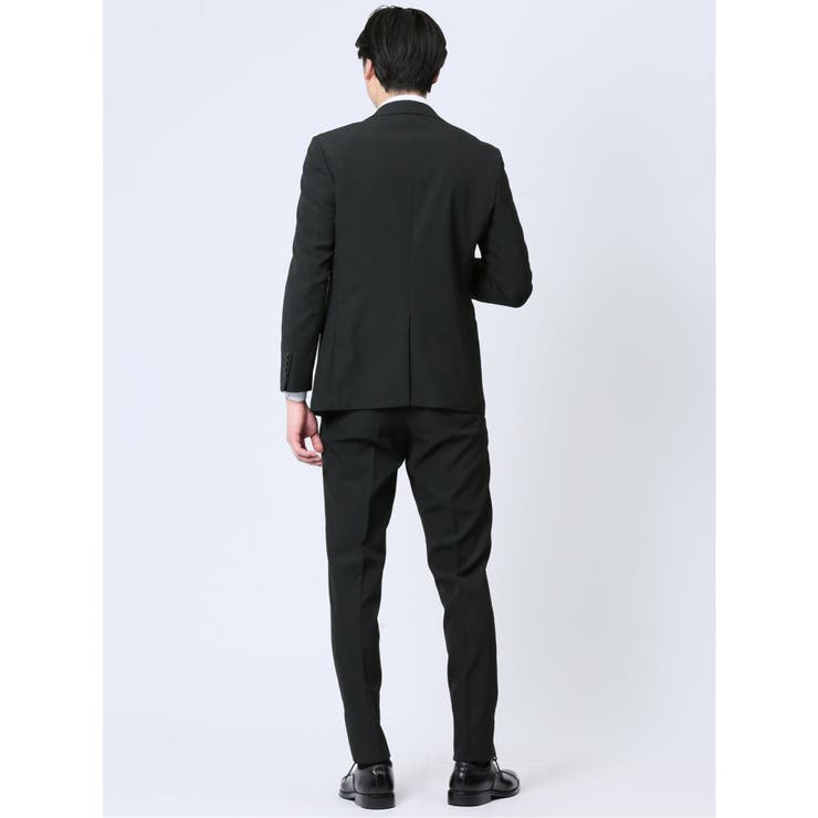 TAKA-Q MEN ストレッチウォッシャブル スリムフィット 2ボタン2ピーススーツ シャドーストライプ黒 スーツ