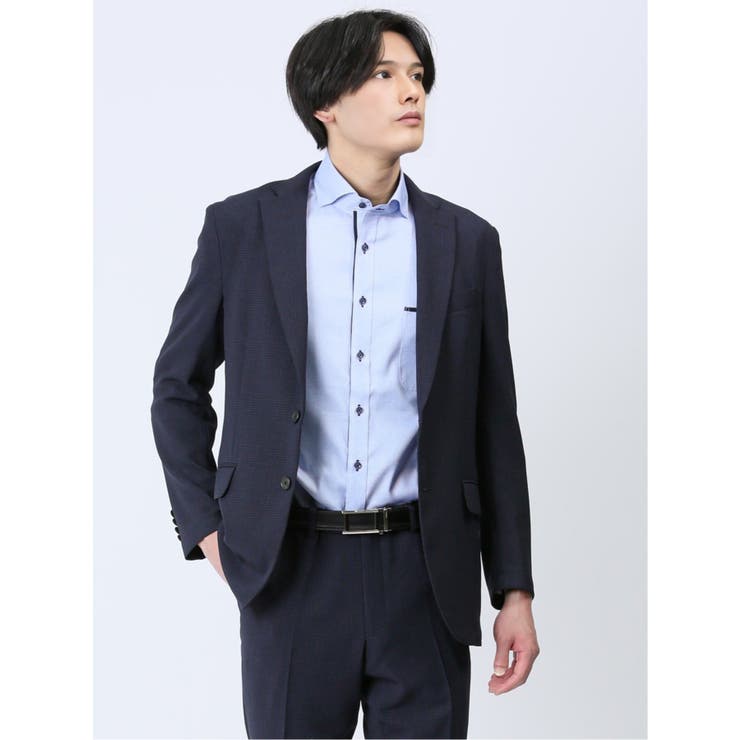【10%OFFクーポン!11/27(木)1:59まで】TAKA-Q MEN 軽量メッシュ レギュラーフィット 2ボタンジャケット チェック紺(セットアップ可能)...
