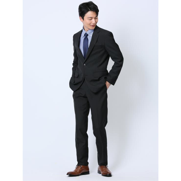 【10％OFFクーポン！12/11(木)1:59まで】TAKA-Q MEN ウール混 スリムフィット 2ボタン2ピーススーツ ストライプ黒 スーツ