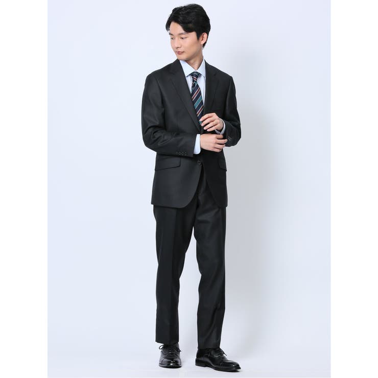 TAKA-Q MEN ウール混ウォッシャブル レギュラーフィット 2ボタン2ピーススーツ シャドーストライプ黒 スーツ