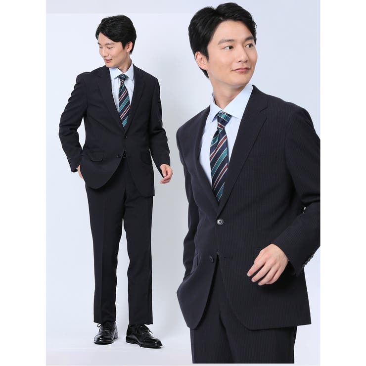 【10%OFFクーポン!11/27(木)1:59まで】TAKA-Q MEN ストレッチウォッシャブル レギュラーフィット 2ボタン2ピーススーツ ストライプ紺 ...