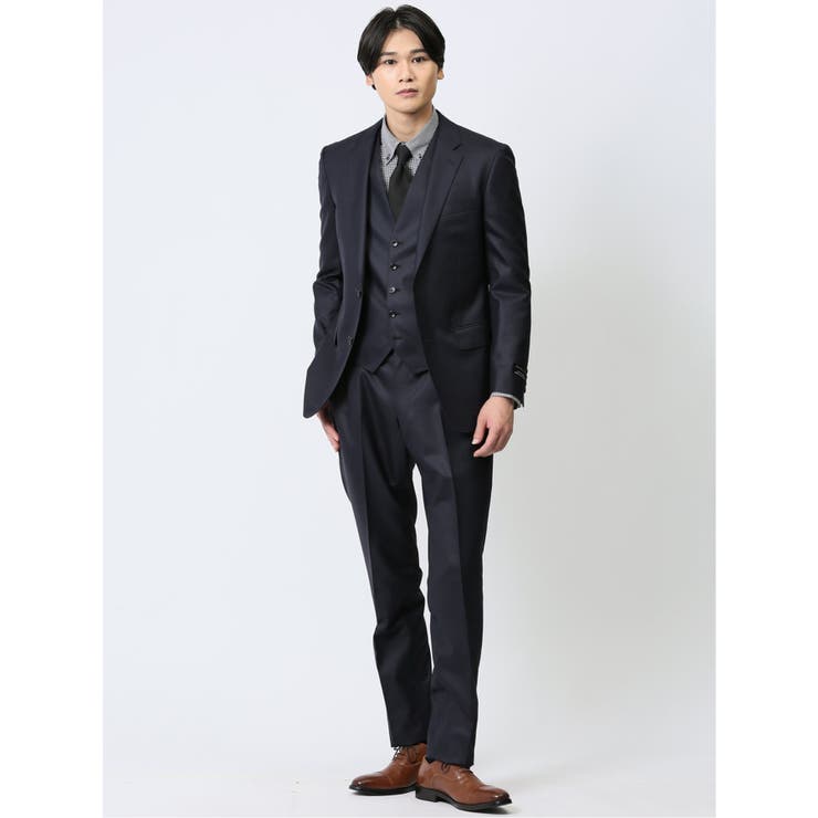 【10%OFFクーポン!11/27(木)1:59まで】TAKA-Q MEN 光沢ウール混 スリムフィット 2ボタン3ピーススーツ ドビー紺 スーツ
