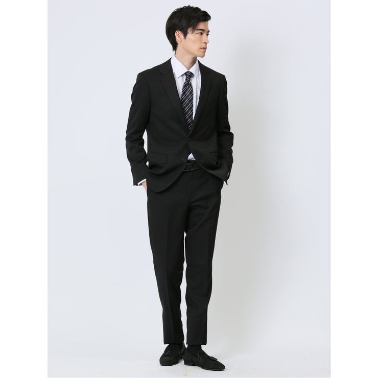 【10%OFFクーポン!11/27(木)1:59まで】TAKA-Q MEN ストレッチウォッシャブル スリムフィット 2ボタン2ピーススーツ ストライプ黒 スー...