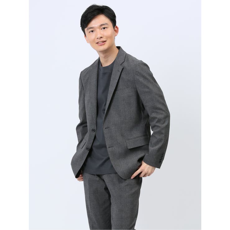【10%OFFクーポン!11/27(木)1:59まで】TAKA-Q MEN クロスストレッチ スリムフィット 2ボタンジャケット チェックグレー(セットアップ可...
