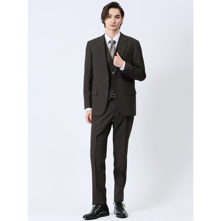 【10%OFFクーポン!11/27(木)1:59まで】TAKA-Q MEN Woolen Tec On スリムフィット 2ボタン3ピーススーツ 組織茶 スーツ