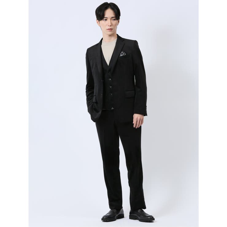 【10%OFFクーポン!11/27(木)1:59まで】TAKA-Q MEN ベルベット調 スリムフィット 2ボタン3ピーススーツ カルゼ黒 スーツ