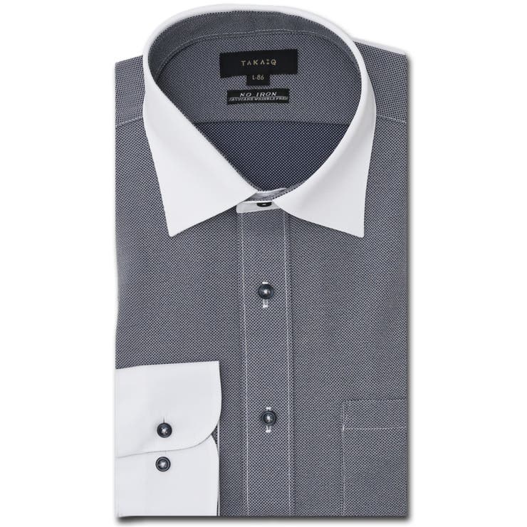 TAKA-Q MEN ノーアイロンストレッチ スタンダードフィット ワイドカラー長袖ニットシャツ スーツ