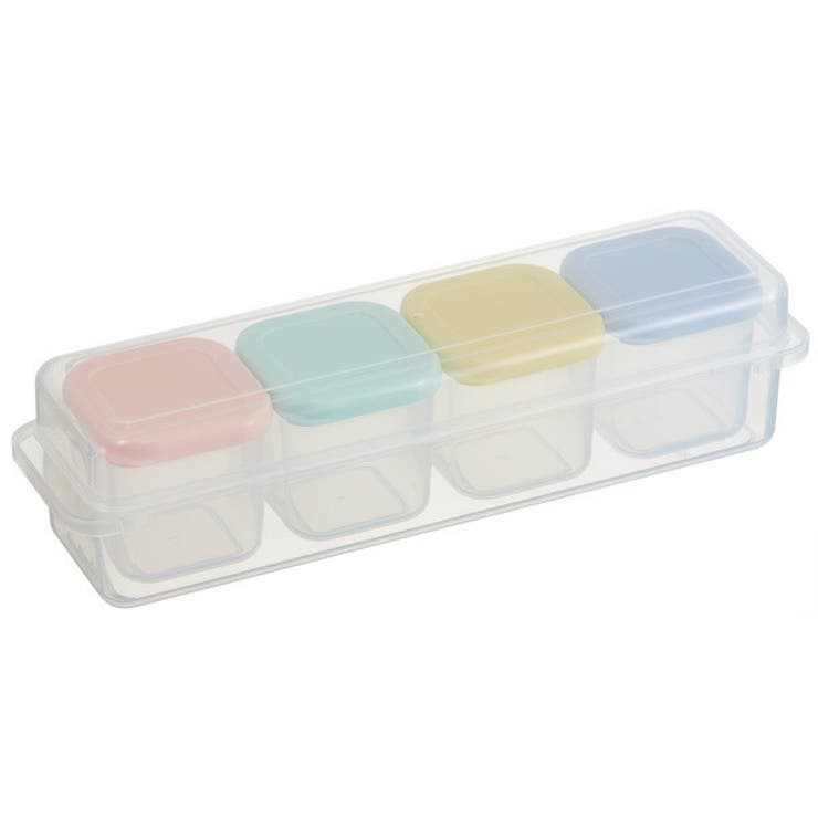 お弁当のおかずや離乳食をちょこっと保存。作りおき + 小分け保存に便利な小さめの容器4個とケースのセットです。冷凍冷蔵保存OK！フタを外して電子レンジ加熱も可能です。容器の横にはひと目で量がわかる目盛り付き。容器・ケースごとに重ねて収納できます。食洗機OK！バラ売り・サイズ違いも販売中！【商品サイズ(約)】中容器：57×57×57mmケース：幅67×奥行259×高さ65mm中容器：100mlケース：500ml中容器(1個)：25g総重量：220g【品質表示】容器(本体・フタ)・ケース：ポリプロピレン耐熱温度：-20〜140度※煮沸消毒は変形することがありますので使用はしないでください。※直火・オーブン及びグリルでの使用をしないでください。※電子レンジで加熱する際は必ずフタを外してください。●日本製※掲載画像はあくまでイメージです。実際の商品とは色、柄等が異なる場合がございます。何卒ご了承ください。柄名: パウダーパステル 4973307528217返品・交換について購入後の交換は受け付けておりません。予めご了承ください。返品を希望される場合は購入履歴一覧の「ショップへの問い合わせ」よりお問い合わせください。=========================複数配送先指定について1件の注文に対して、異なる住所への配送は対応出来かねます。恐れ入りますが、異なる住所へ配送をご希望の場合、配送先毎に分けて注文いただきますようお願い申し上げます。【食器・キッチン用品WOMEN】
