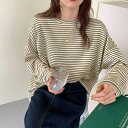 maison de LATIR ボーダー長袖Tシャツ Tシャツ 長袖 ロンT ボーダー ラウンドネック ゆったり ルーズ カジュアル シンプル 大学生 通学 O...