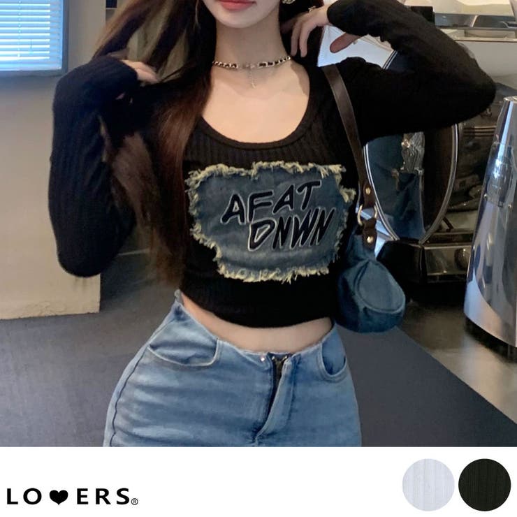 LOVERS 冬新作 デニムパッチ ショート丈 リブニットトップスデニム パッチデニム ワッペン トップス ロンT 長袖 ちびT クロップド丈 ミニ丈 韓国カジュアル 韓国ガーリー レディース 韓国 Y2Kファッション 韓国ストリート 流行り トレンド