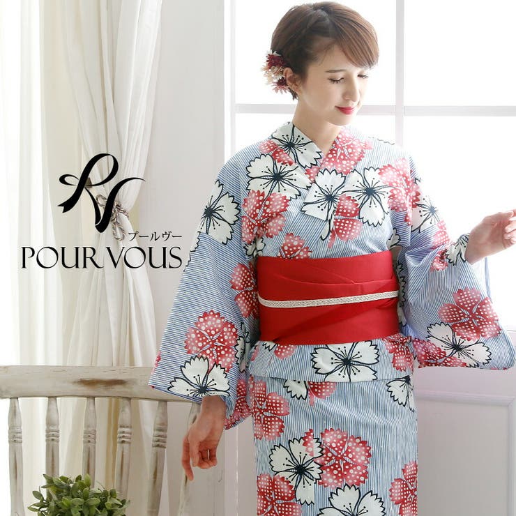 【10%OFFクーポン!11/27(木)1:59まで】PourVous 浴衣 4点セット セット 浴衣セット レトロ レディース 水色 下駄 帯 レトロモダン浴...