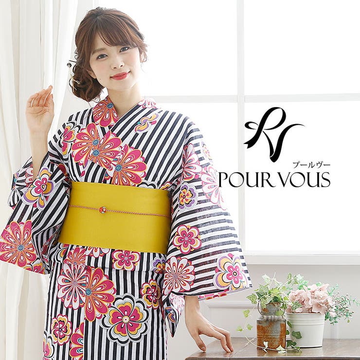 【10%OFFクーポン!11/27(木)1:59まで】PourVous 浴衣 レトロ 浴衣セット 4点セット セット レディース 帯 夏祭り ゆかた 花火大会 ...