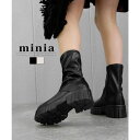 【6/11 1:59まで 10%OFFクーポン】minia トラックソールソックスブーツ 厚底ショートブーツ minia ◆ ミドルブーツ ショートブーツ 厚底 プラットフォーム ソックス ストレッチ ソックス 太ヒール サイドジップ レディース シュー