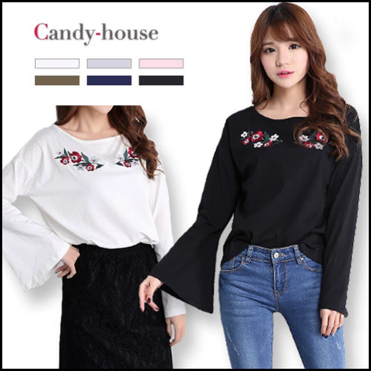 【10％OFFクーポン！7/26(日)1:59まで】candy-house トップス 刺繍 ブラウス レディース 白 チュニック 長袖 シャツ フレアー袖 カットソー コットン 1845 韓国ファッション 夏 トップス