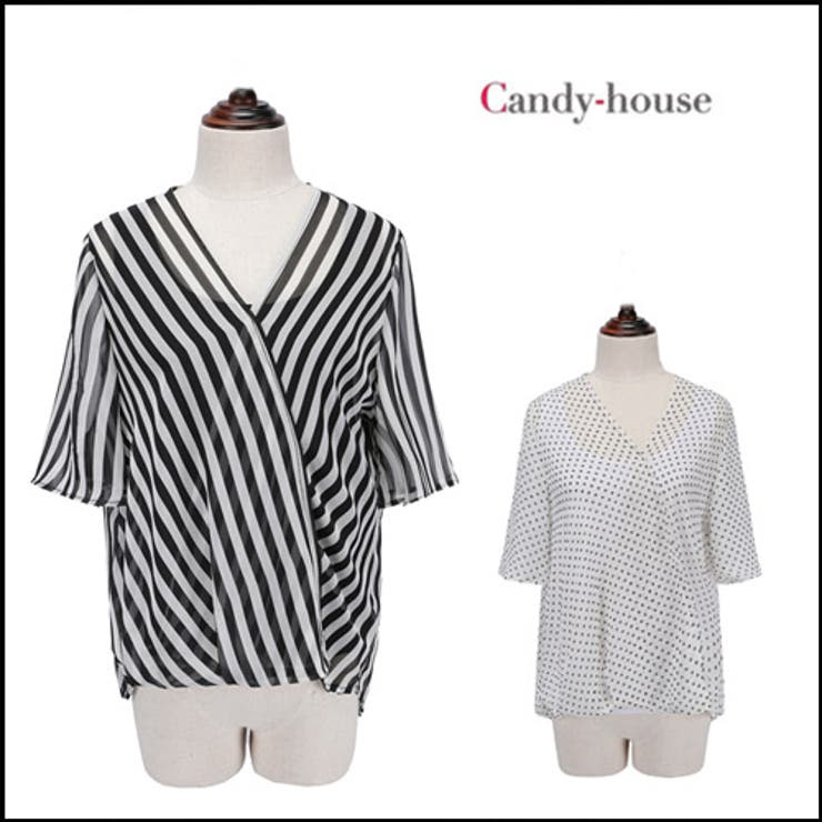 candy-house トップス Vネック シフォン 半袖 オフィス カットソー おしゃれ かわいい ブラウス 涼感 透け感 トップス