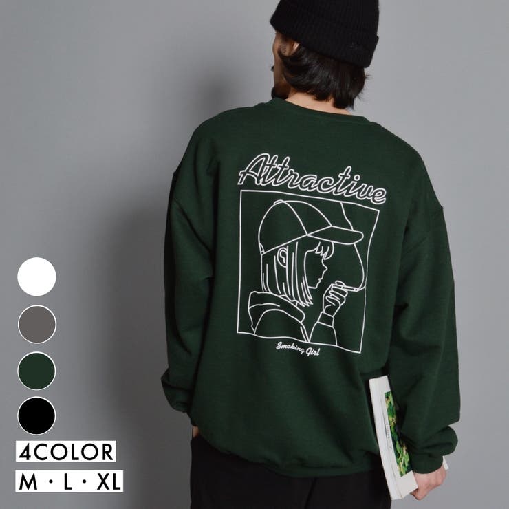 【10%OFFクーポン!11/27(木)1:59まで】MODISH GAZE 裏起毛 スモーキングガール スウェットトレーナー ビッグシルエット 線画イラスト ...