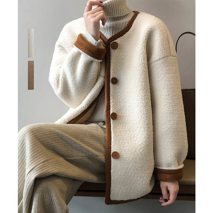 ARGO TOKYO Color Scheme No Collar Piping Boa Jacket 21093 カラー配色ノーカラースエードパイピングボアジャケット　ジャケット　ボア　冬アウター　ノーカラージャケット アウター(コート・ジャケットなど