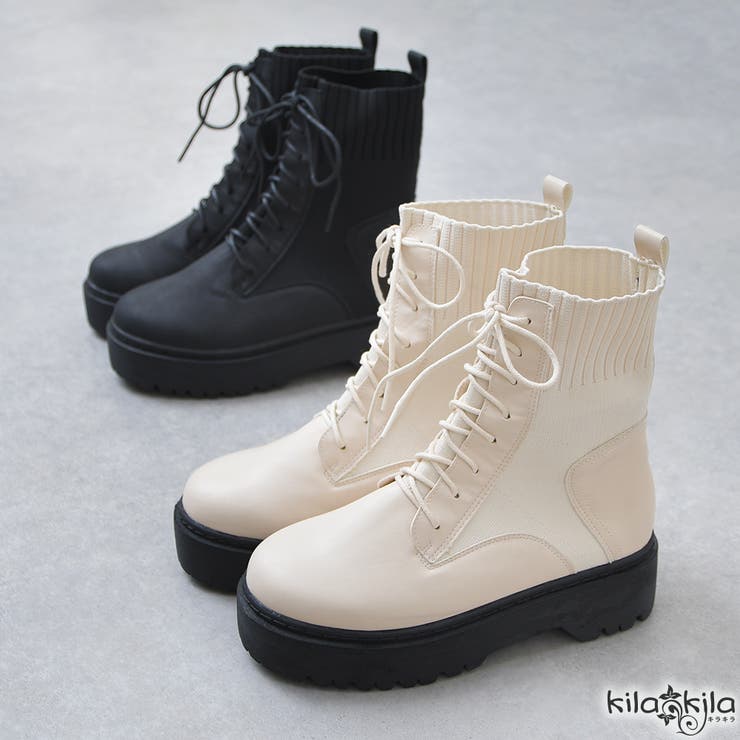 shop kilakila ショートブーツ レディース 厚底 ニット リブ ストレッチ レースアップ ソックスブーツ 編み上げブーツ ワークブーツ 歩きやすい ブーツ ショート 黒 ブラック 疲れない レディース 靴 シューズ・靴