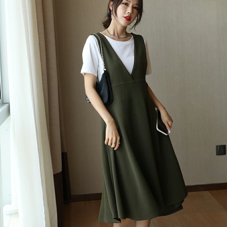 SLENDER ジャンパースカート　Vネック　大人　大きいサイズ　マタニティ　フェミニンエプロンワンピース 　サロペット スカート きれいめ オフィス 仕事 プチプラ　ゆったり 女子会 通勤 通学 おしゃれ 着回し 春夏秋冬 レディース SLENDER