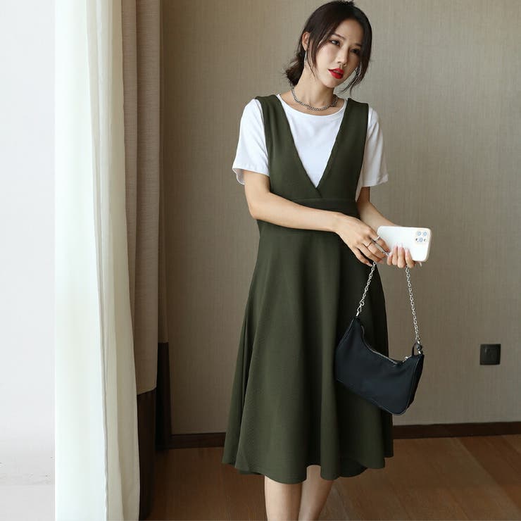 SLENDER ジャンパースカート　Vネック　大人　大きいサイズ　マタニティ　フェミニンエプロンワンピース 　サロペット スカート きれいめ オフィス 仕事 プチプラ　ゆったり 女子会 通勤 通学 おしゃれ 着回し 春夏秋冬 レディース SLENDER