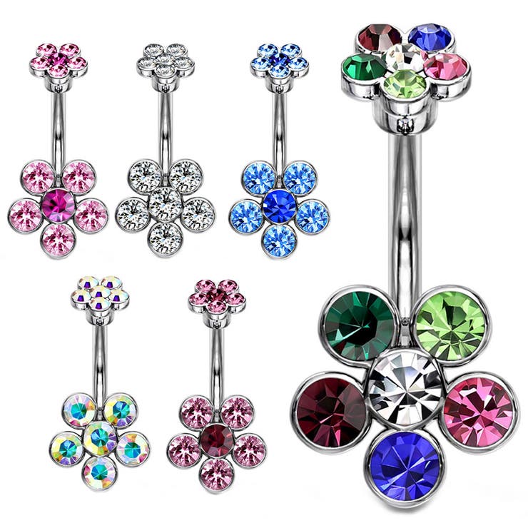 【ポイント2倍＆クーポン！3/11(水) 1:59まで】ピアス専門店HOMESLICEPRODUCTIONS ヘソピアス ダブル6ジュエルフラワー バナナバーベル アクセサリー