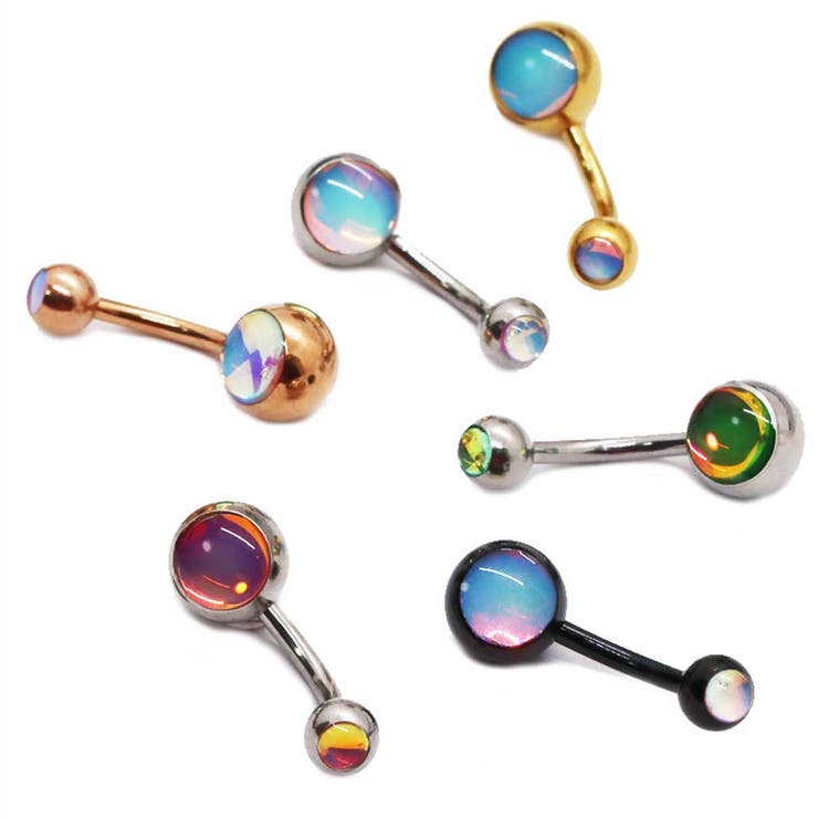 ピアス専門店HOMESLICEPRODUCTIONS ヘソピアス イリディセントストーン ダブルジュエル バナナバーベル..