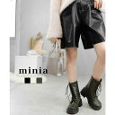 【6/11 1:59まで 10%OFFクーポン】minia スクエアコンバットミドルブーツ 約6cm厚底ヒール minia ◇ ブーツ ショートブーツ ミドルブーツ レースアップブーツ チャンキーソール トラックソール フラット レディース シューズ 靴
