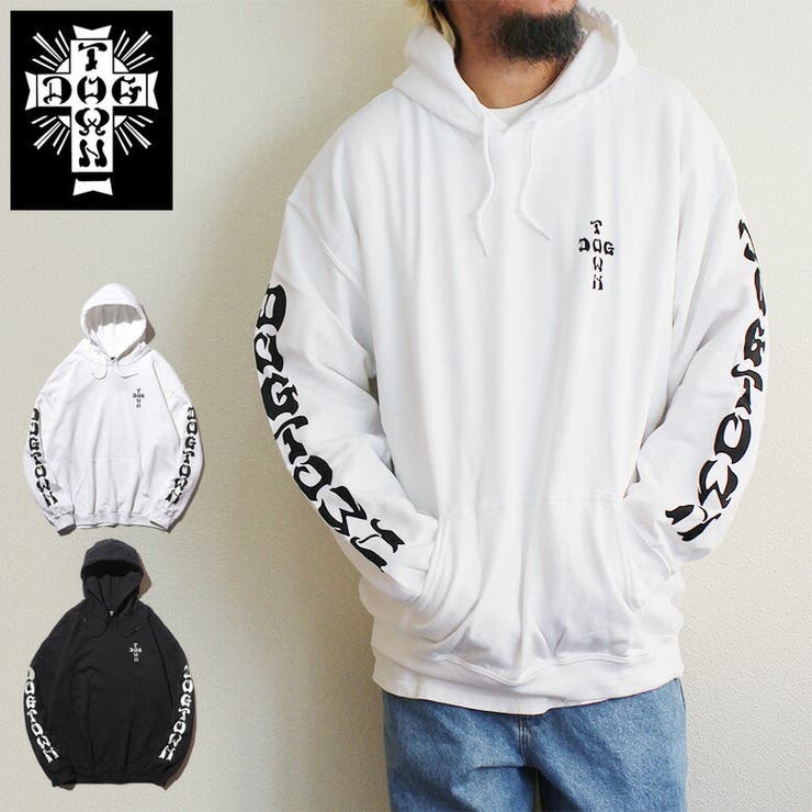 【10％OFFクーポン！1/16(金)1:59まで】EYEDY DOGTOWN ドッグタウン CROSS SLEEVE HOODIE スウェットパーカ ホワイト ブラック プリント 大きいサイズ メンズ 長袖 M L XL 大きめ 長袖 8oz 裏起毛