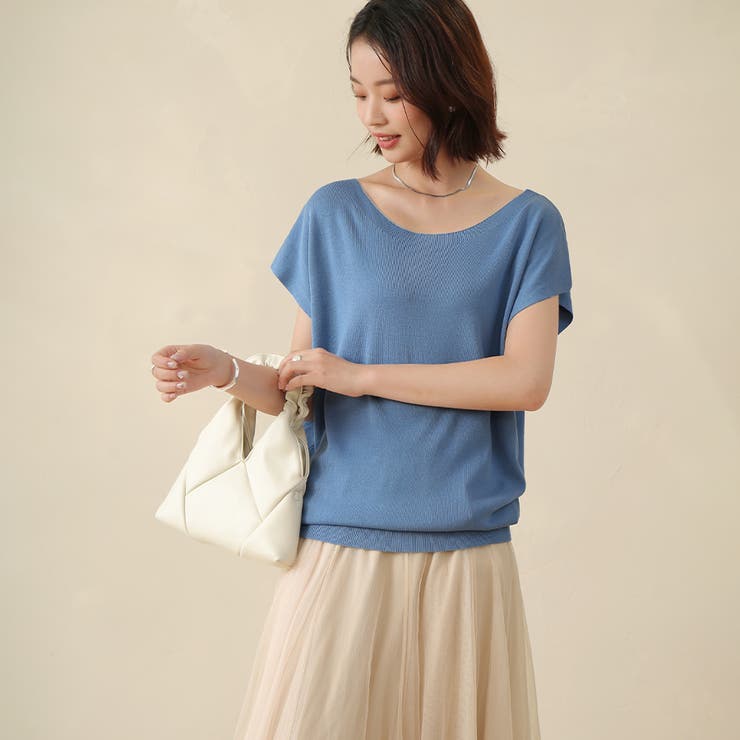 【10％OFFクーポン！6/11(木)1:59まで】Doux Belle 夏新作 サマーニット レディース　フレンチ袖カットソー ノースリーブ 半袖 伸縮性 カジュアル フェミニン 夏 ブラウン 白 黒 ブラック ブルー カーキ ホワイト ベージュ パー