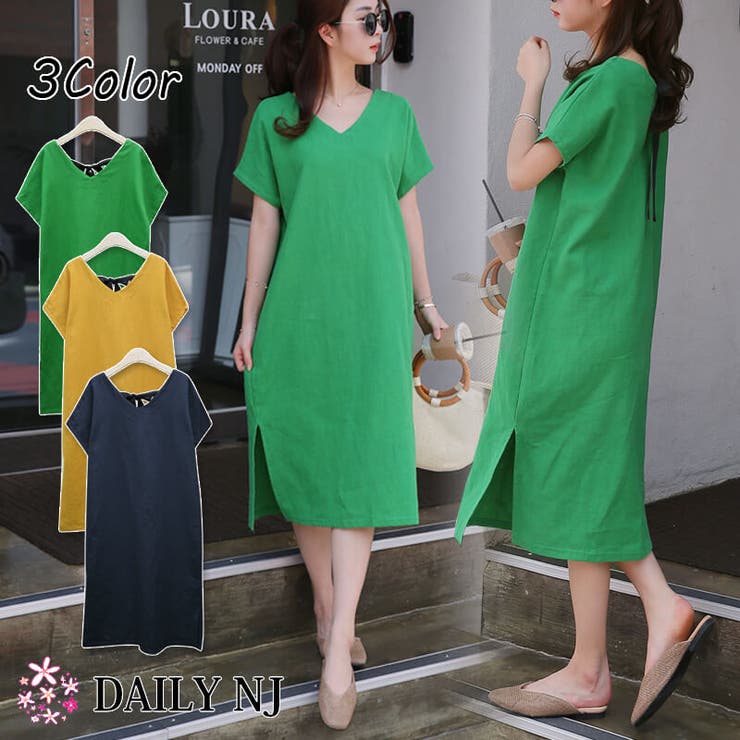 DAILY NJ 新作 春夏 ロングワンピース リネンワンピース 半袖 Vネック 涼しい 後ろリボン サイドスリット 大人可愛い ハイクオリティ韓国ファッション ww233 ワンピース・ドレス