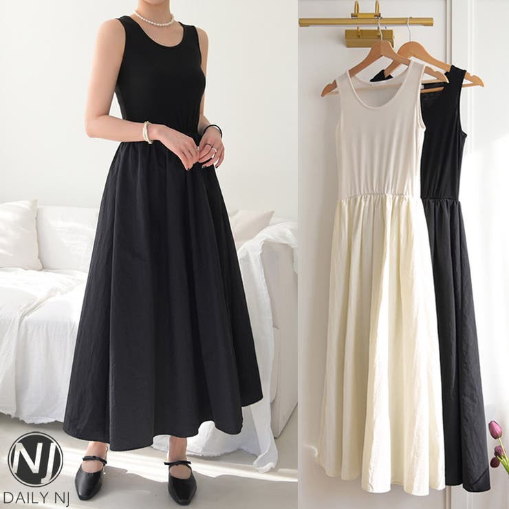 DAILY NJ 新作 春夏 ワンピース ロングワンピース 袖なし 涼しい ラウンドネック カジュアル 大人可愛い ロング丈 重ね着 韓国ファッション ww505 ワンピース・ドレス