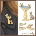 lunolumo ブローチ レディース ねこ 猫 ネコ 鳥 ことり 水飲み場 メタル ゴールド アンティーク レトロ B アクセサリー
