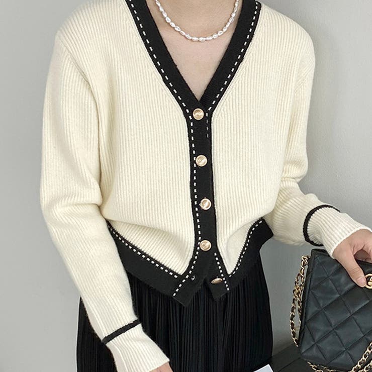 Dewlily ステッチニットカーディガン レディース 10代 20代 30代 韓国ファッション 秋 冬 カジュアル 可愛い カジュアル Vネック おしゃれ 大人 トップス