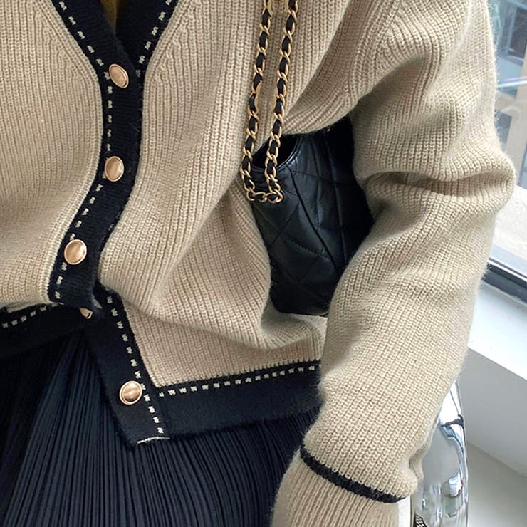 Dewlily ステッチニットカーディガン レディース 10代 20代 30代 韓国ファッション 秋 冬 カジュアル 可愛い カジュアル Vネック おしゃれ 大人 トップス