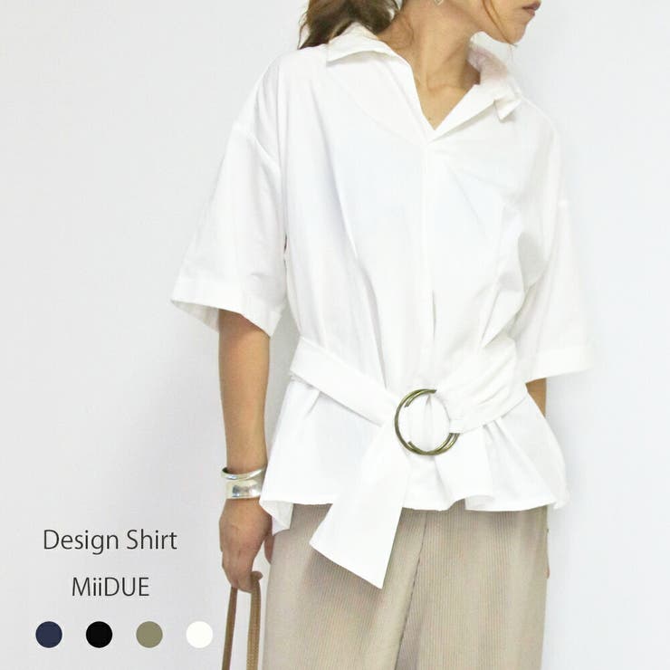MiiDUE 共ベルト付き シャツ 半袖 ブラウス レディース Vネック トップス トップス